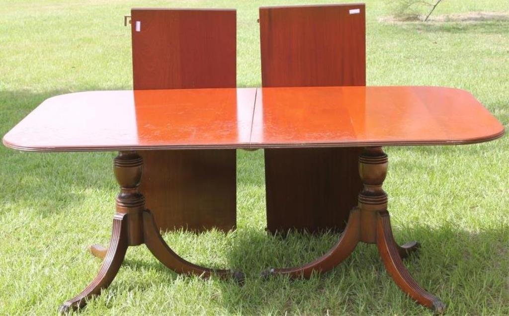 QUALITY CUSTOM MAHOGANY DINING TABLE: W/ 2 LARGE LEAVES, DUNCAN PHYFE PEDESTAL BASE, 43 3/4" X 64", W/ 2 18 1/4" LEAVES ALSO HAS PADS, 29" H