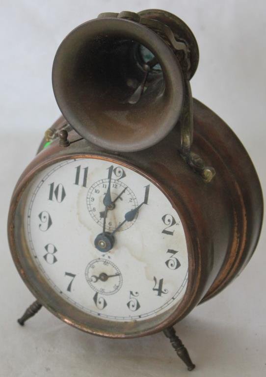 UNUSUAL GERMAN BRASS ALARM CLOCK W/ HORN: BELL, NOT IN CURRENT WORKING CONDITION, 7" H