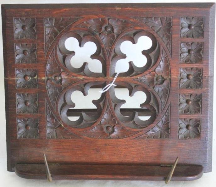 ORNATELY CARVED VICTORIAN WALNUT ADJUSTABLE BOOK: RACK, GOTHIC STYLE, 10 1/2" X 13"