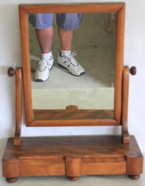 EARLY 19TH C 2 DRAWER SHAVING MIRROR: MIXED WOODS, 22 1/2" H X 18" W X 7 1/4" D , SHOWS VENEER CHIP TO TOP RIGHT CORNER