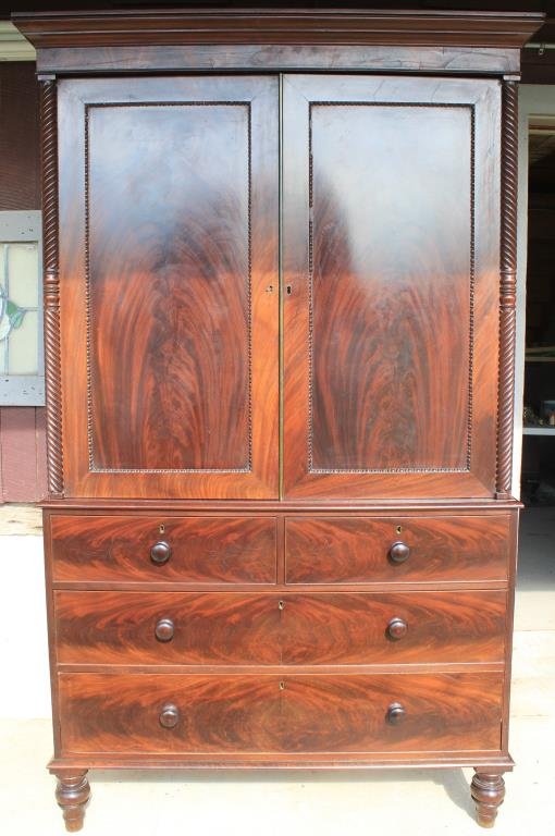 19TH C. ENGLISH MAHOGANY LINEN PRESS: 2 DOORS OVER 4 DRAWERS 82" H X 49" W X 22" D , BACKBOARDS REPLACED, BOTTOM DRAWER HAS FAUX FRONT.
