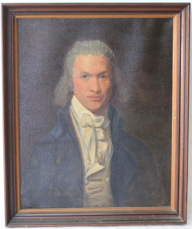 OIL ON CANVAS PORTRAIT: BY PROVINCE TOWN & ST. AUGUSTINE ARTIST, ROBERT BERGLUND, PAINTED FROM 1940-2010, "COPY OF GILBERT STUART PAINTING 'WILLIAMS WILLIAMS", GRADUATION TEST FROM RHODE ISLAND SCHOOL OF DESIGN. 27" X 21 1/2