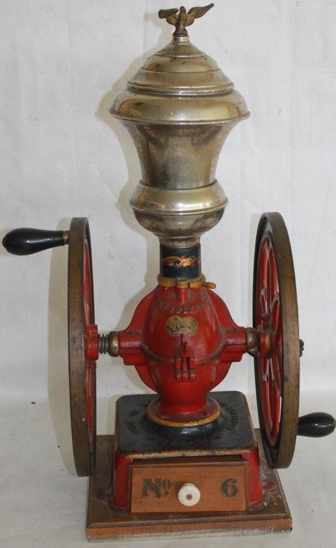 LATE 19TH C. CAST IRON DOUBLE WHEEL COFFEE GRINDER (1 of 4)