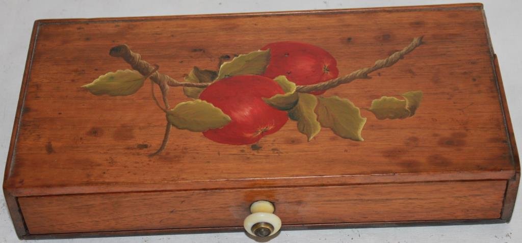 19TH 1 DRAWER BOX W/ LANTERN, PAINTED FRUIT DECOR: 1 3/4" PIECE OF POTTERY MISSING, 2" X 10 7/8" X 5 1/4"