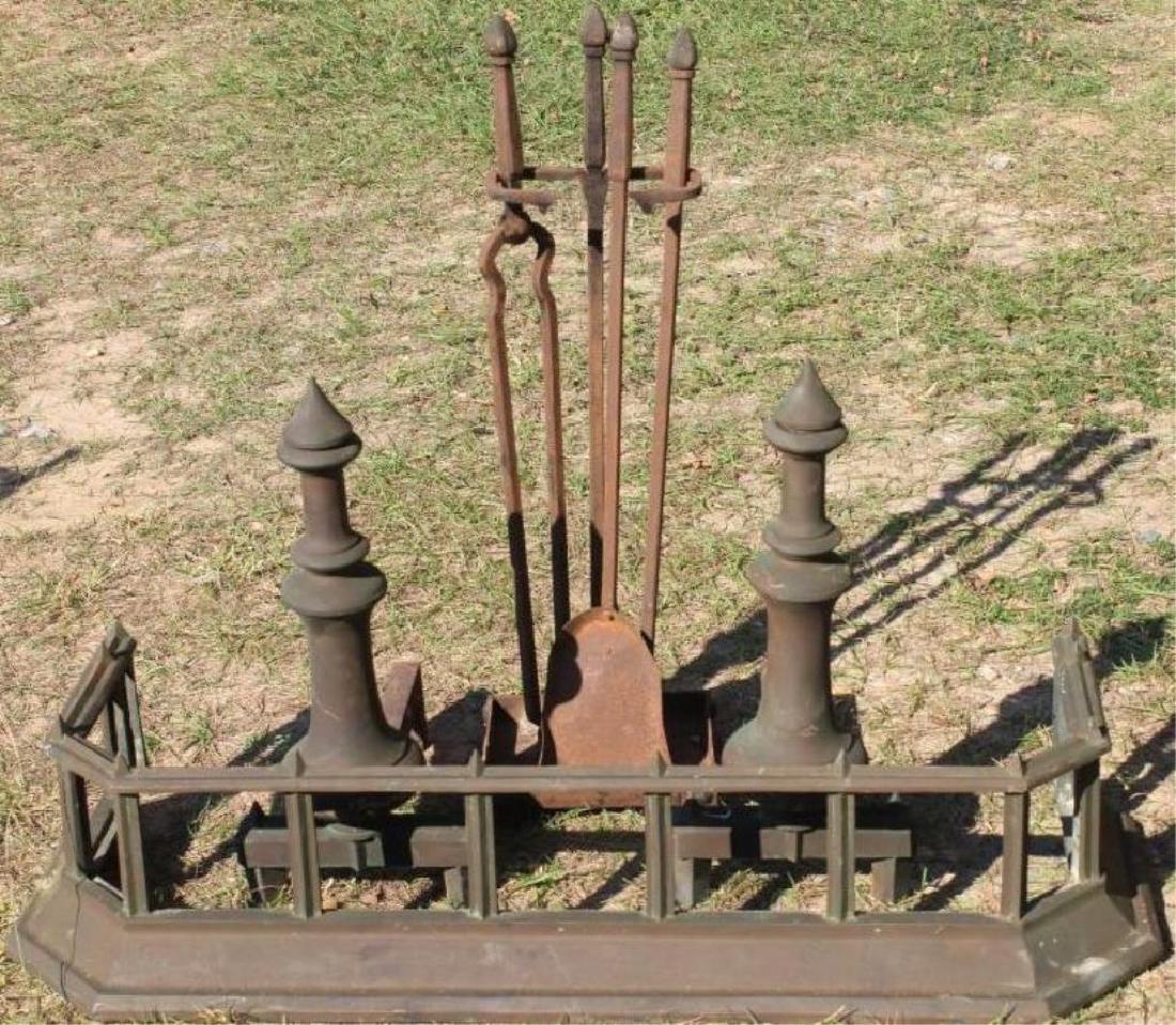 HEAVY LATE 19TH C. FIREPLACE SET TO INCLUDE: ANDIRONS 24" H, FIRE FENDER 44" W, FIRE TOOLS WITH STAND 33" H