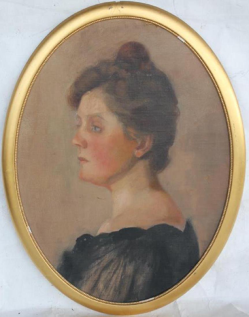 LATE 19TH C. OIL ON BOARD, OVAL PORTRAIT OF: WOMAN, TAG ON BACK "GERTRUDE FOSTER" 23" X 17"