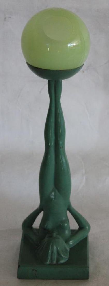FRANK ART ASHTRAY WITH JADEITE GLASS BALL SHAPED: ASH TRAY, NUDE FIGURE, SIGNED, MINOR LOSS TO FINISH, 12 1/2" H