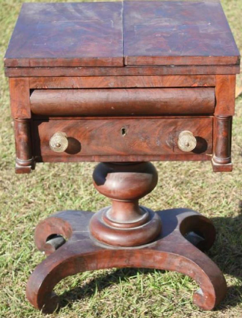 19TH C. EMPIRE SEWING STAND WITH UNUSUAL FLIP: SIDE TOP, FITTED DRAWER, GLASS PULLS, FROM OLD RICHMOND FAMILY, 30 1/4" H, 21 1/2" W, 19 1/4" D