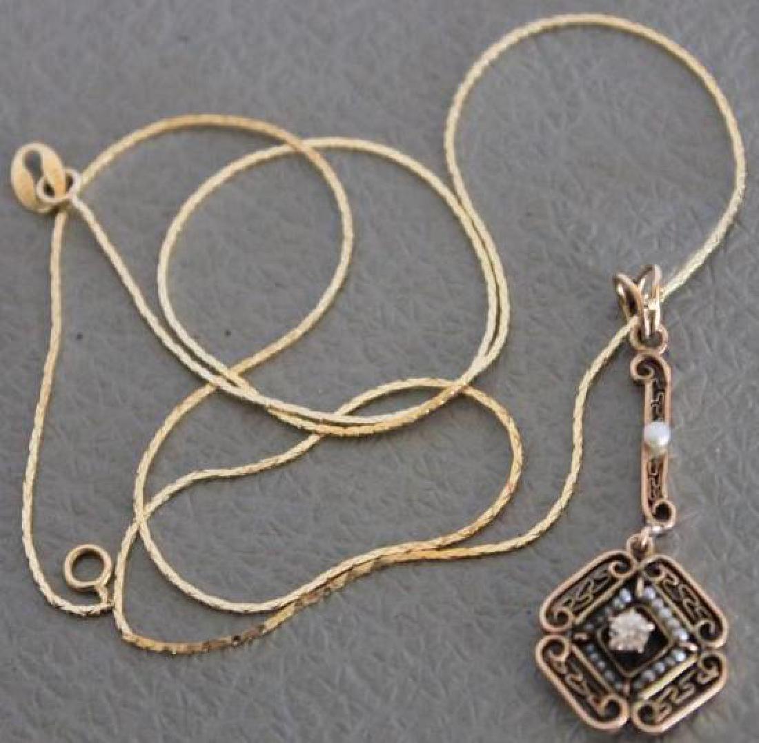 14K 16" CHAIN WITH OLDER 10K PENDANT WITH DIAMOND: & SEED PEARLS, NO CLASP