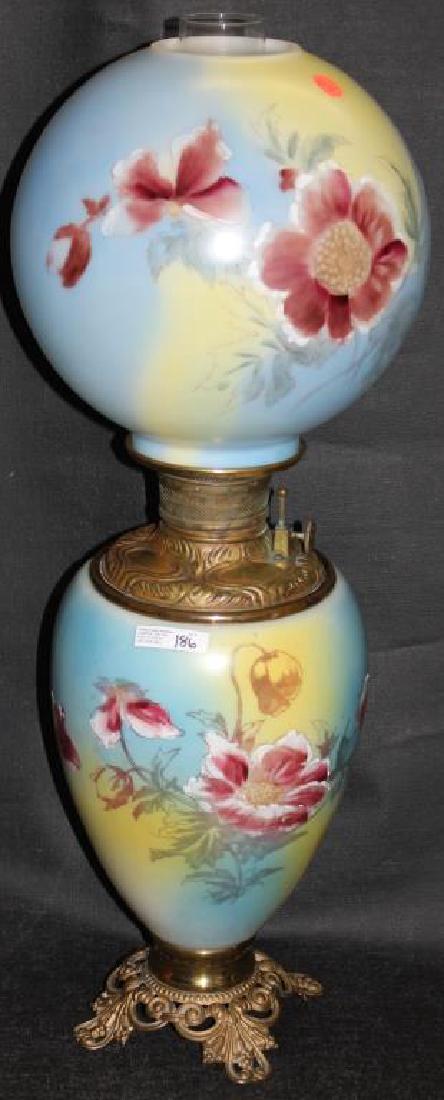 19TH C. GONE WITH THE WIND LAMP, ORIGINAL BASE &: SHADE, NEVER ELECTRIFIED, PART BURNER MISSING, 24 1/2" H