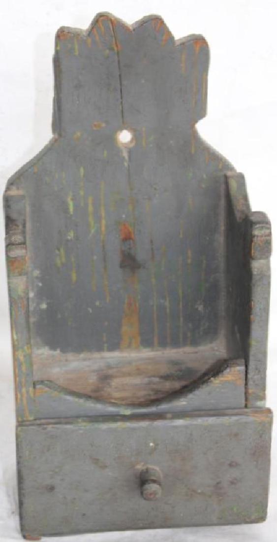 19TH C. MORTAR & PESTLE RACK, GRAY OVER GREEN: PAINTED SURFACE, 1 DRAWER, MISSING PCS. TO TOP, NAILED CONSTRUCTION, 12 1/2" H, 6" W, 4" D