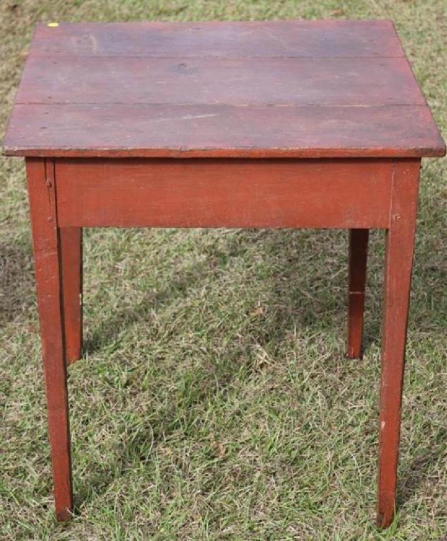 19TH C. RED PAINTED SQUARE TOP TABLE, TAPERED: LEGS, PEGGED CONSTRUCTION, 27 1/2" H, 26" X 26"