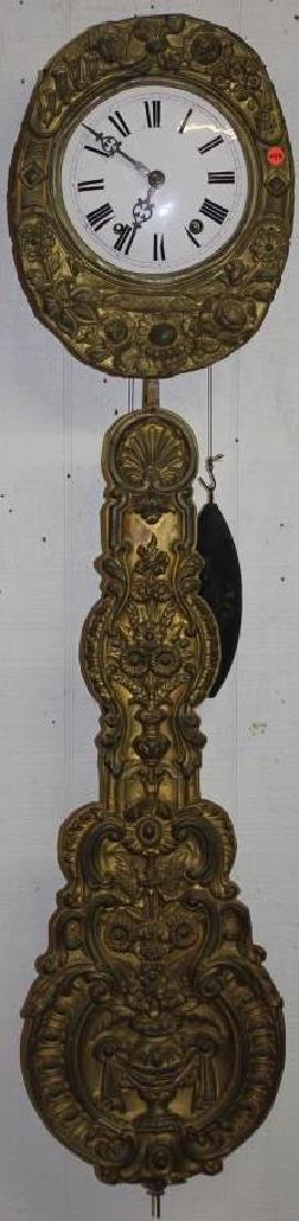 19TH C. EMBOSSED BRASS, WALL CLOCK WITH ENAMELED: DIAL, WEIGHT DRIVEN, 55" L, 12 1/2" W