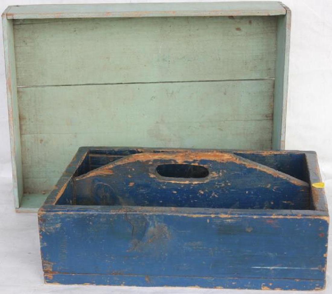 19TH C. BLUE PAINTED CARRIER 6"H, 16" W, 11" D: TOGETHER WITH BLUE BOX 3 1/2" H, 18 3/4" W, 14" D