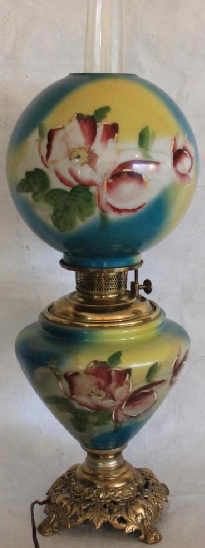 VICTORIAN GONE WITH THE WIND LAMP, FLORAL DESIGN,: ORIGINAL BASE & SHADE, 24" H, ELECTRIFIED