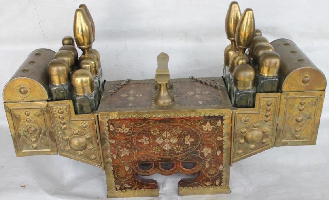 UNUSUAL PERSIAN SHOE SHINE STAND, WITH BOTTLES, 2: DRAWERS, BRASS WRAPPED, 18" H, 28 1/2" W, 7 1/2" D