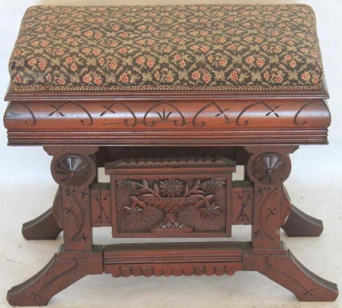 ORNATE CARVED WALNUT LIFT TOP ORGAN STOOL WITH: CLEAN UPHOLSTERY, 18" H, 20 1/2" W, 10" D