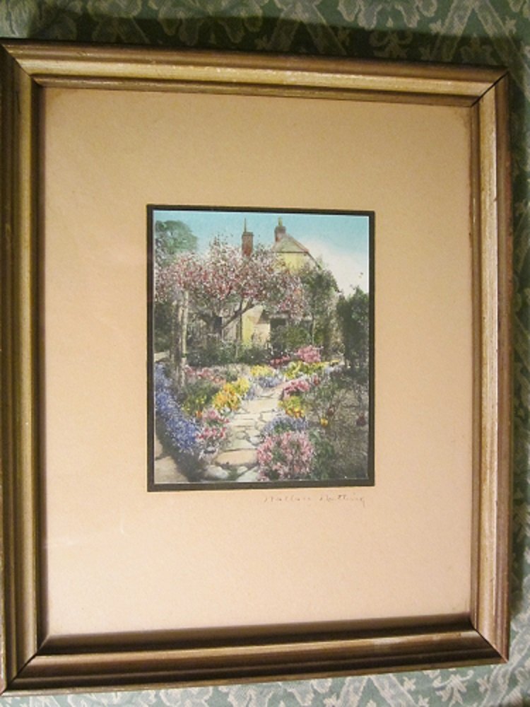 Wallace Nutting"Cottage down a Flowered Lane": Wallace Nutting"Cottage down a Flowered Lane" (MY MEMORY LOST THE ACTUAL NAME, Help!") Signed but no title. This is especially clear, with strong colors. Image: 3" X 4 "Frame: 7.5"x 9"