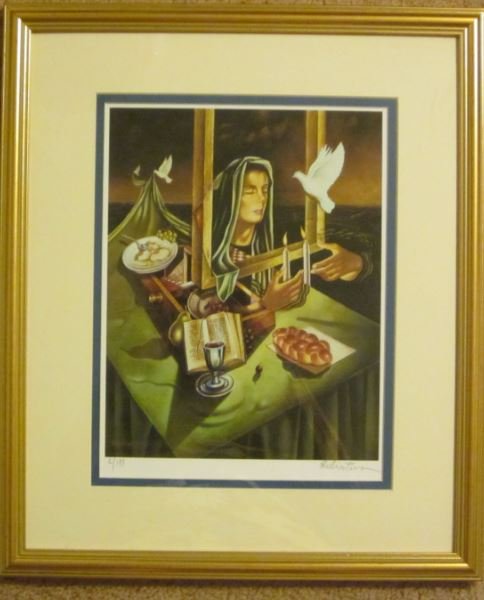 Israel Rubinstein (Israel 1944)"Lighting candles): Israel Rubinstein "Shbbat Candle Lighting" Signed and numbered #2/199. Image:7.5"X9.5",Custom Frame:approx. 13"X15"......... Born in 1944 in Petach-Tikvah Israel. Israel Rubinstein was born in 1944 in