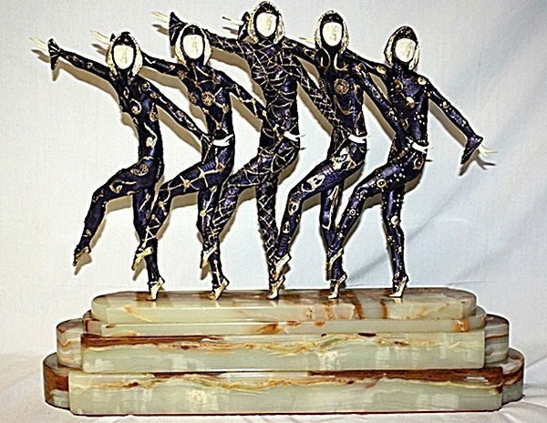 Exquisite Chiparus - Bronze Ox Bone ' 5 Chorus Line': Stunning artwork of chryselephantine sculpture .Signed bronze and Ox Bone art deco sculpture by Chiparus "Chorus Line" sits on a marble/onyx base. Signed Chiparus, with foundry mark and is about 22x22