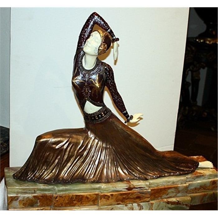 Beautiful Chiparus-Bronze & Ox Bone Sculpture-Clara: Beautiful Signed bronze and Ox Bone art deco sculpture by Chiparus "Clara" sits on a marble/onyx base. Signed Chiparus, with foundry mark and is about 28x24x5. Some variations of marble and patina mig