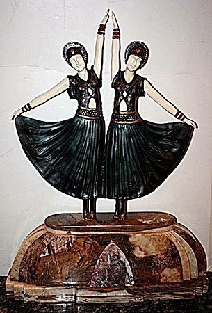 Dolly Sisters - Bronze On Onyx Sculpture by Chiparus: EXQUISITE CHIPARUS - TWIN SISTERS - BRONZE AND OX BONE SCULPTURE - MUTLI - COLOR FINISH - HAND CARVED OX BONE AND BRONZE - MOUNTED ON MARBLE AND ONYX BASE - APPROX. 26 X 10.5 SIGNED - STUNNING ARTWORK