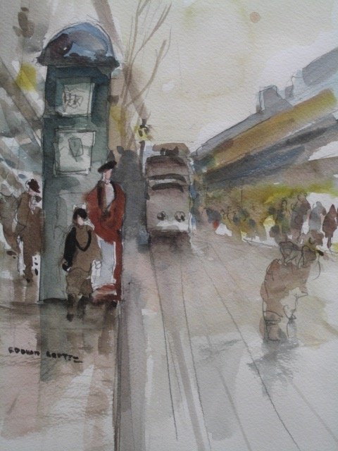EDOUARD CORTES IMPRESSIONISTIC WATER COLOR SIGNED: Amazing Signed "Edouard Cortes" in brown in the center left / The composition is roughly 10 inches wide and 14 inches high/near mint or mint condition. Cityskape Lovely framed