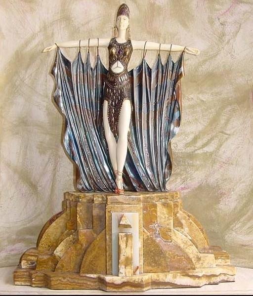 Amazing Chiparus Bronze On Onyx - Semiramis: Wonderful Demetre H. Chiparus (Romanian, 1886-1947), SEMIRAMIS of cold painted bronze and Ox Bone , depicting ONE dancer with fantastic possition with bronze cape raised on a stone plinth. Some variat