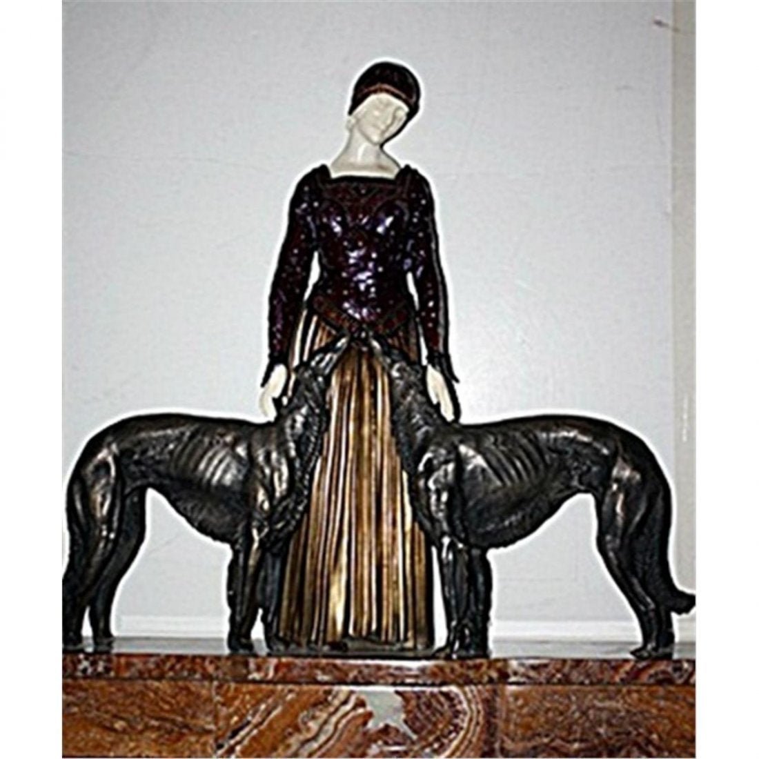 Amazing Bronze & Onyx ETERNAL FRIENDS, D.H. Chiparus: Exquisite French Bronze and Ox Bone Figural Group,after Demetre H. Chiparus (Romanian, 1886-1947), Les Amis de Toujours (Friends Forever), circa 1925, depicting a lady flanked by borzoi hounds, set on