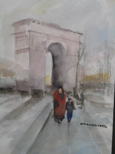 EDOUARD CORTES IMPRESSIONISTIC WATER COLOR SIGNED EDIT: Amazing Signed "Edouard Cortes" in the bottom right / The composition is roughly 10 inches wide and 14 inches high + frame / near mint or mint condition. Arch with people. wonderful artwork lovely fra