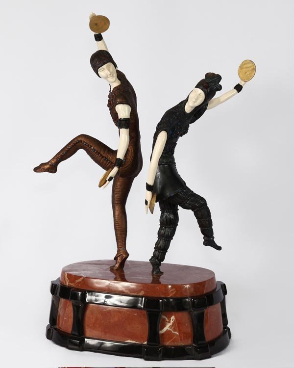 Exquisite Russian Dancer Bronze & Ox Bone By Chiparus E: AMAZING AND Wonderful Demetre H. Chiparus (Romanian, 1886-1947), Danseurs Russes ( Russian Dancer ), of cold painted bronze and Ox Bone , depicting two dancers with cymbals raised on a stone plinth. S