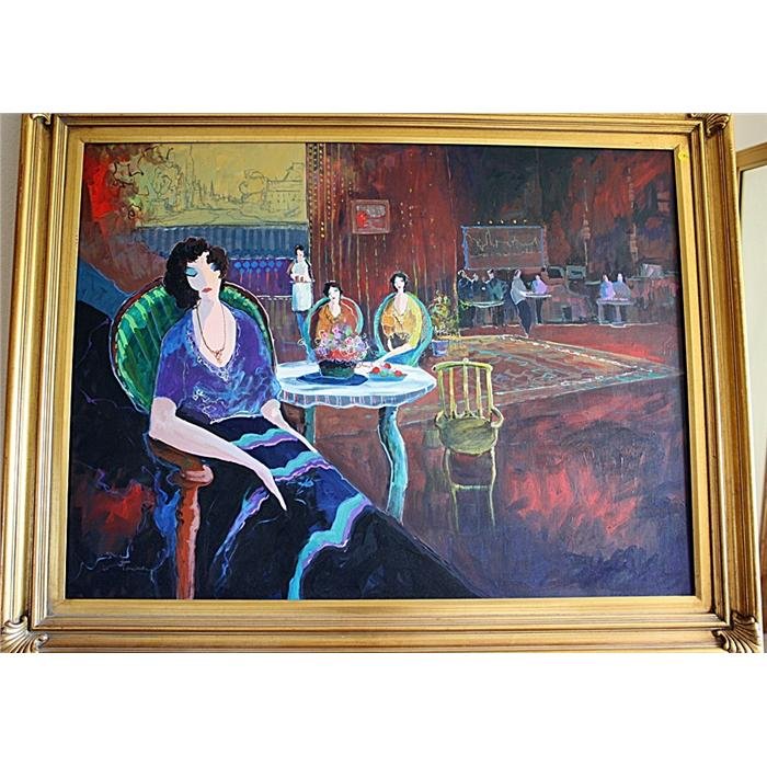 Tarkay attributed -Original Oil on Canvas-Lady's Lounge: Stunning artwork from the Famous Itzchak Tarkay. Original Tarkay oil on canvas. Beautifully framed and Approx. size: 30x40. CC-A13.