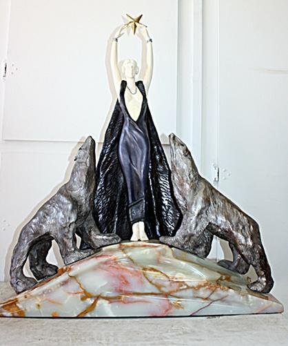 Signed Chiparus Bronze and Ivory - Nordica ( After ): Stunning Signed bronze and ivory art deco sculpture "Nordica" by artist Chiparus, base signed with foundry mark, carved ivory beautiful patina bronze, sits on a marble/onyx base. Approx size: 30"x10"x