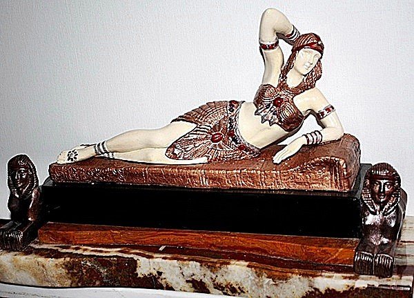Cleopatra-Bronze & Ivory Sculpture by Chiparus: Chiparus bronze and ivory sculpture, Cleopatra. . Base signed with foundry mark, carved ivory beautiful patina bronze, sits on a marble/onyx base. Some variations of marble and patina might occur. App