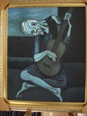 Picasso Signed Oil on Canvas The Old Guitariste Repro: Exquisite Low Edition number . Signed Limited Edition 5/10 Oil on Canvas Attributed to Picasso, \"The Old Guitarist 1903\" Blue period. Not Framed.