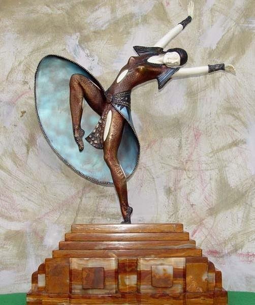 Almeria, Exquisite Bronze and Ox Bone Onyx By Chiparus: Exquisite Chiparus bronze and Ox bone sculpture, Almeria. Base signed, carved Ox Bone beautiful painted patina bronze, sits on a marble/onyx base. Some variations of marble and patina might occur. App