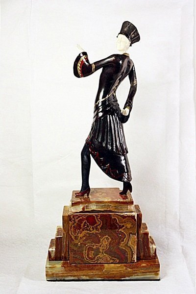 Exquisite Chiparus Bronze and Ox Bone - MIss Paris: Very Rare Beauty Signed bronze and Ox Bone art deco sculpture "MIss Paris" by artist Chiparus, base signed, carved Ox Bone beautiful patina bronze, sits on a marble/onyx base.Some variations of marble