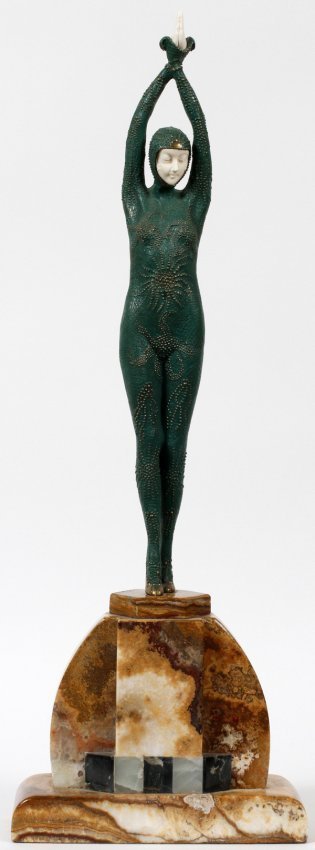 Wonderful Chiparus Bronze and Ox Bone - Starfish: Exceptional Signed bronze and Ox Bone art deco sculpture "Starfish" by artist Chiparus, base signed, carved Ox Bone beautiful patina bronze, sits on a marble/onyx base.Some variations of marble and pa