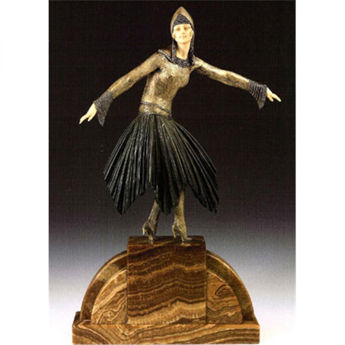 Exquisite D Chiparus Bronze and Ox Bone - Starlight: Stunning and Rare Signed bronze and Ox Bone art deco sculpture "Starlight" by artist Chiparus, base signed, carved Ox Bone beautiful patina bronze, sits on a marble/onyx base.(AFTER) Some variations o
