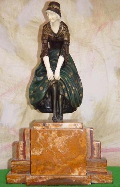 Chiparus Bronze & Ox Bone on Onyx - A Slight Accident: Beautiful Signed bronze and Ox Bone art deco sculpture "A Slight Accident" by artist Chiparus, base signed with foundry mark, carved Ox Bone beautiful patina bronze, sits on a marble/onyx base. Approx