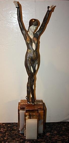 Exquisite Dourga - Bronze & Ox Bone and Onyx D Chiparus: Exquisite Chiparus bronze and Ox Bone sculpture, Dourga on fantastic Onyx base . Approx size: 24.5"x6". CC-00750.Some variations of marble and patina might occur. No reserve.