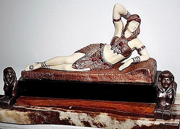 Cleopatra-Bronze & Ox Bone Sculpture by Chiparus: Exceptional Chiparus bronze and Ox Bone sculpture, Cleopatra. . Base signed with foundry mark, carved Ox Bone beautiful patina bronze, sits on a marble/onyx base. Some variations of marble and patina 