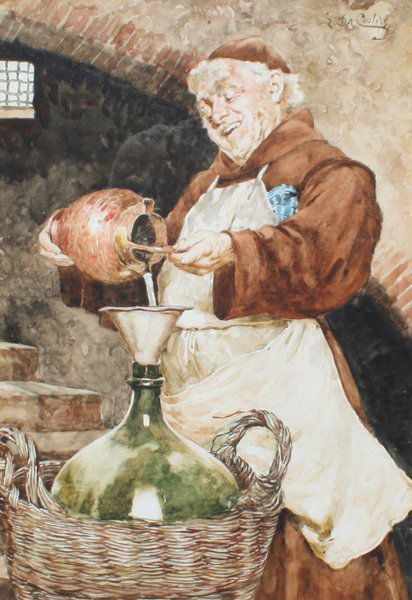 Samuel DA COSTA 1845-1923 INTERRIOR SCENE: WATERCOLOUR BY Samuel Henri Mendes DA COSTA 1845-1923. MONK IN THE WINE CELLAR. SIGNED, FRAMED, GLAZED. MEASURES: 37 X 26 CM UNFRAMED, 65 X 53 CM FRAMED. WORLDWIDE SHIPPING - 50 EUR