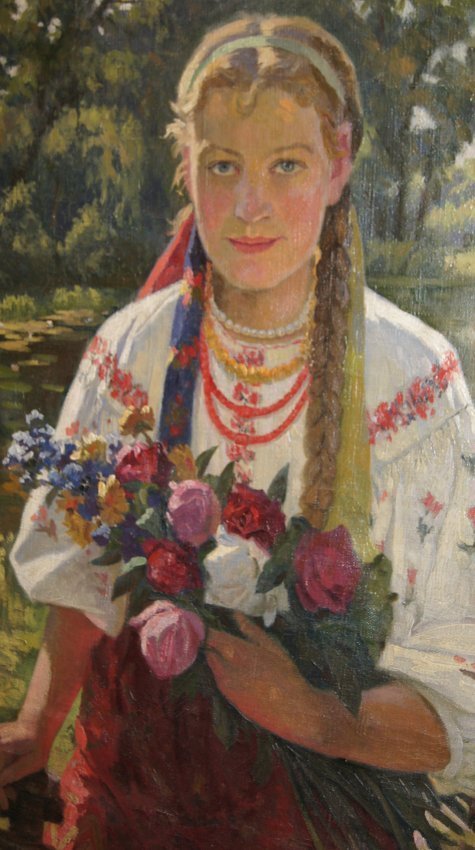 Taras Nikitich Maksimenko 1884-1972 Ukrainian girl: Taras Maximenko (1884 - 1972) Young girl with a flower bouquet in an idyllic landscape. Signed in Cyrillic and dated "1942 VIII" (lower right). Oil on canvas, minimal perforated. Framed. 99.5 x 63.5 c