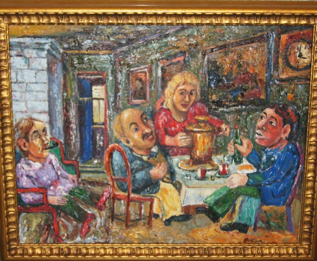 David Davidovich BURLIUK 1882-1967 UKRAINIAN - RUSSIAN: David Davidovich BURLIUK 1882-1967 UKRAINIAN - RUSSIAN. INTERRIOR SCENE. OIL ON CANVAS, SIGNED. MEASURES: 35 X 45 CM UNFRAMED, 41 X 51 CM FRAMED. WORLDWIDE SHIPPING - 60 EUR