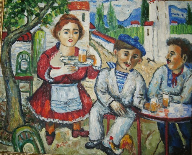 David Davidovich BURLIUK 1882-1967 UKRAINIAN - RUSSIAN: David Davidovich BURLIUK 1882-1967 UKRAINIAN - RUSSIAN. SAILORS IN TAVERNE. OIL ON CANVAS, SIGNED. MEASURES: 42 X 51 CM UNFRAMED, 48 X 57 CM FRAMED. WORLDWIDE SHIPPING - 60 EUR