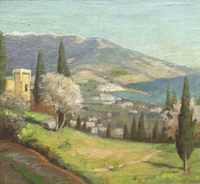 Alexey Alexandrovich KOLOSOV 1892-1972 View of Yalta: Alexei Alexandrovich KOLOSOV (Russian - Ukrainian, 1892-1972). View of Yalta, Crimea. Signed lower left and on the reverse inscribed. Dated 1942. Framed. Oil/canvas/masonite.Measures: 30 x 28 cm unfra