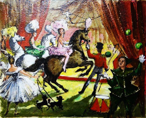 Walt Kuhn "Circus Crew": Tempura on paperboard 8 x 10 signed LR