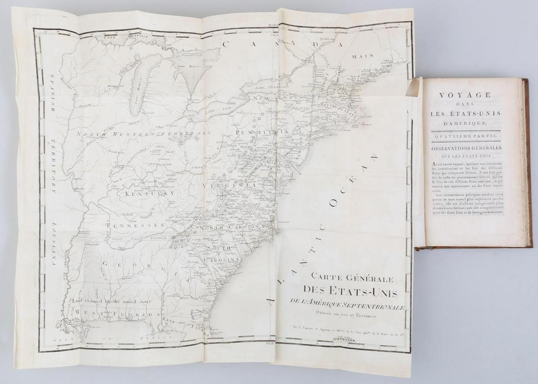 'Voyage dans Les Etat-Unis D'Amerique,'': ''Voyage dans Les Etat-Unis D'Amerique,'' by Francois La Rochefoucauld-Liancourt, 1799, Paris: Dupont, Buisson, and Charles Pougens, Volumes I-VIII (complete), three folding maps and nine folding tabl