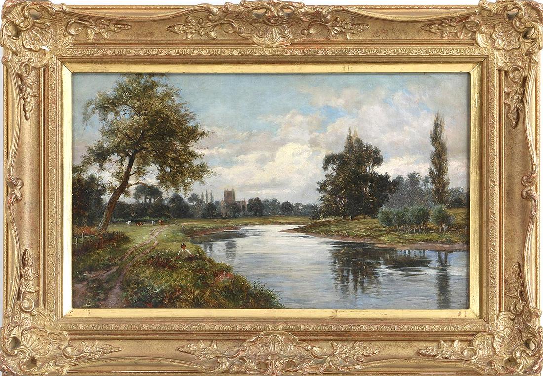 British school, 19th century: River landscape with boy fishing (British school, 19th century), oil on canvas, unsigned. Canvas waving lightly, signature removed lower left. Canvas 12''h, 20''w.